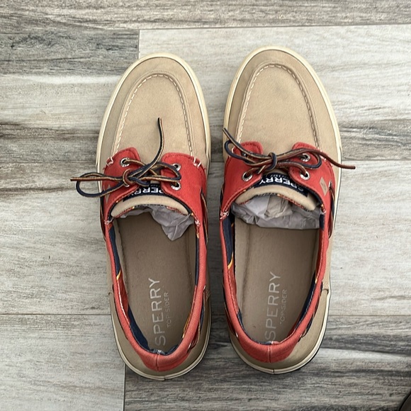 🏝️SPERRY TOPSIDERS (CUTTER 2-EYE MIX CREAM) 10.5 M WORN COUPLE TIMES GREAT COND - Picture 1 of 8